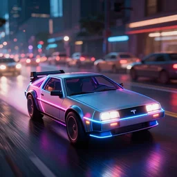 a 2 8 mm closeup photo of a tesla tron neon back to the future car driving a on wet city street with lots of traffic at night, intricate, speed, action, need for speed, hyper detailed, smooth, high contrast, neon, volumetric lighting, octane, moebius, greg rutkowski, blade runner, ripley scott, synthwave, mad max, cindmatic