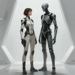 concept art by greg rutkowski, a very tall and slender cyborg, talking to a short woman dressed in a utilitarian white and black jumpsuit, high tech and futuristic white walled environment, unnatural lighting, uncanny atmosphere, frightening and creepy atmosphere, scifi, highly detailed portrait, digital painting, artstation, concept art, smooth, sharp foccus ilustration, artstation hq