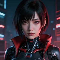 a detailed potrait of a cyberpunk cyborg girl with black and red parts, perfect face, realistic shaded perfect face, detailed. night setting. very anime style. realistic shaded lighting poster by ilya kuvshinov katsuhiro, unreal engine, global illumination, radiant light, detailed and intricate environment