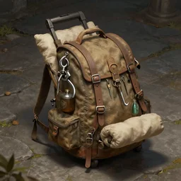 hardmesh retro futurist post - fantasy backpack with rolling bed, graple hook, flasks and lockpicks, stone floor, fantasy digital art, thievery equipment, sculduggery, by kim jung gi, zabrocki, karlkka, jayison devadas