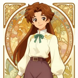 maya fey from ace attorney, simple outfit, cheerful expression, intricate illustration by krenz cushart, alphonse mucha, artgerm, trending on artstation