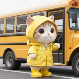 anthropomorphic cute kitten wearing a yellow raincoat and yellow boots getting on the school bus on the first day of kindergarten, with colorful fall leaves and light rain, medium shot