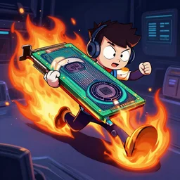 cartoon of a gpu running while on fire