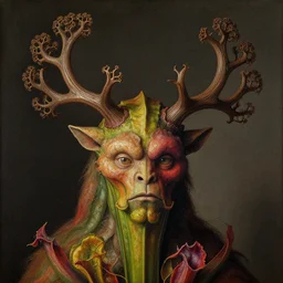 close up portrait of a mutant monster creature with ten antlers growing in fractal forms, face in the shape of a colorful exotic carnivorous plant. by jan van eyck, audubon