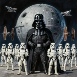darth vader on the death star surrounded by storm troopers and tie fighters, in the style of studio ghibli
