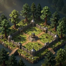 isometric DND fantasy forest, war fort, 3d render