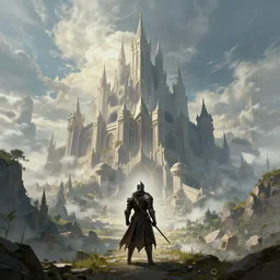 the fantasy castle in the distance, art by greg rutkowski, digital art, trending on artstation, symmetry!!, epic composition, wide angle shot, warrior standing in the foreground