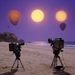 a wide angle color movie still of a beach on an alien planet with floating rocks, three suns, purple sky, beautiful shot on celluloid with panavision cameras, panavision lenses, 3 5 mm film negative width, anamorphic projection format, critically acclaimed, oscar winning practical effects