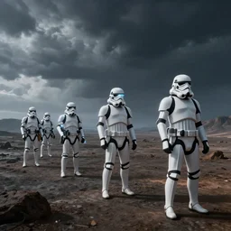 stormtroopers scouting a desolate planet with a stormy cloudy sky in the background, lights on, unreal engine, by emmanuel shiu