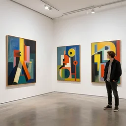 a colourful brutalism art gallery with brutalism paintings in the style of tim eitel and cool looking hipsters
