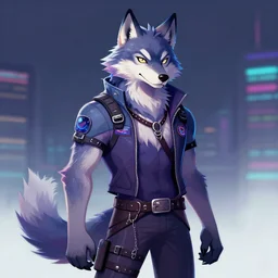 a chill synthwave wolf character, digital painting, synthwave, vivid, furaffinity, furry fandom, well - proportioned