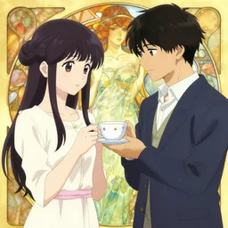 rina holding a teacup by ayami kojima and alphonse mucha and junji ito