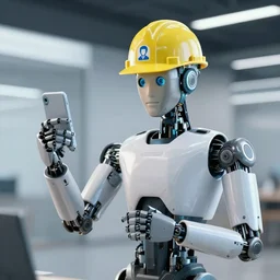 architect as robot in site with hard hat, head portrait logo, photorealistic