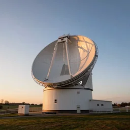 Lovell telescope on the Cheshire plane at sunset, wide angle lens, high quality photograph, 4K