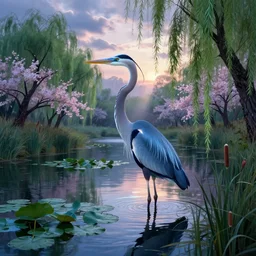 a majestic blue heron in shallow river, willow trees, cherry blossom trees, lily pads, bullrushes, marsh, clouds, godrays, intricate, luminescent matte painting, highly detailed, artstation, dusk