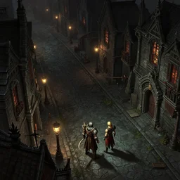 dark town street by bastien lecouffe - deharme and charles bowater, greg rutkowski, adventure game, high camera angle, inspired by diablo concept art