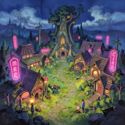 elven village with neon signs at a mire. this air brush painting by the award - winning anime artist has an interesting color scheme, plenty of details and impeccable lighting.