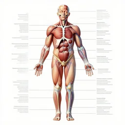 human body in pieces, detailed anatomical diagram, pointers with descriptions, illustration, 4 k