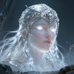 beautiful cinematic fantasy poster, sci-fi, semi-transparent, candy gumdrop head with brilliant silver flowing hair and a brilliant jeweled silver helm, beautiful white glowing eyes, wideshot ultrawide angle epic scale, hybrid from The Elden Ring and art direction by Darius Zawadzki ;by artgerm; wayne reynolds art station; cinematic quality character render; low angle; ultra high quality model; production quality cinema model;