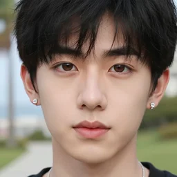 cute boy from california wearing diamond earrings, black hair, hazel eyes, realistic, 8 k, very detailed