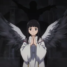 anime frames, anime visual, dark portrait of a fantasy feathered priestess worshiping at night, very low light, cute face by ilya kuvshinov and, psycho pass, kyoani, dynamic pose, dynamic perspective, strong silhouette, anime cels, rounded eyes, yoshinari yoh, dark tint, gustav klimt