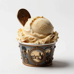 steampunk gelato cup, high detail macro photography, isolated on a pure white background, centered, entire object in frame, sharp focus, soft studio lighting