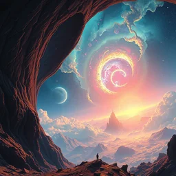 view from a collapsing ringworld with a nebula in the sky, epic scene, by victo ngai, kilian eng vibrant colours, dynamic lighting, digital art, winning award masterpiece, fantastically beautiful, illustration, aesthetically inspired by beksinski and dan mumford, trending on artstation, art by greg rutkowski, 8 k