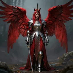 woman - unicorn woman - unicorn hybrid red feathery wings, calm, melancholy scenery, full body armor, full body robes, metallic, unreal engine, cinematic lights, high detail, fantasy classic digital art, james ryman, sea of thieves style