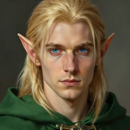 masterpiece closeup portrait of a male elf with blonde hair and blue eyes, wearing a green cloak, by artgerm and Greg Rutkowski, 4k, masterpiece, matte painting, detailed