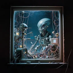 open office, 1 9 8 0, retrofuturism, cluttered, wires everywhere, window, at night, dramatic lighting, alien technology, detailed by simon stalenhag