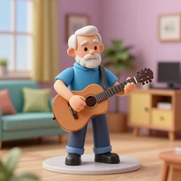 3 d toy old man playing guitar in his apartment, surreal, vibrant colors, masterpiece, deep depth field, featured on pixiv, trending on pinterest