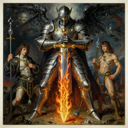 deep void emperor with fiery sword and alchemical armor, monumental painting by gerrit van honthorst and hajime sorayama and allen jones, illusion surreal art, highly conceptual figurative art, intricate detailed oil illustration, controversial poster art, polish poster art 1 9 8 0