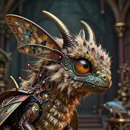 closeup profile face portrait of a tin toy fuzzy kaiju moth dragon, nicoletta ceccoli, mark ryden, lostfish, hyung tae, frank frazetta, depth of field, detailed and intricate gothic environment, 8 k resolution, hyperrealistic, octane render