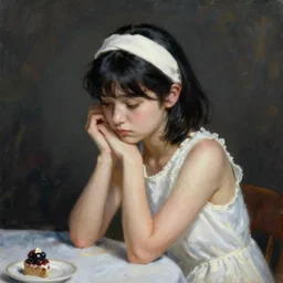 a girl with short black hair and a white headkerchief sitting alone on a birthday table looking sad high detailed painting
