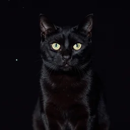 1 9 8 0's color photo of black cat in dark deep space, only eyes are visible