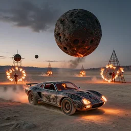 burning man black rock desert with art cars, fire spinners, art structures, all being hit by an asteroid detailed, 8 k, trending on artstation, award - winning art,