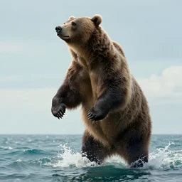 Giant bear coming out of the sea rearing up from the side , digital Art, Greg rutkowski, Trending artstation, cinematographic, hyperrealistic