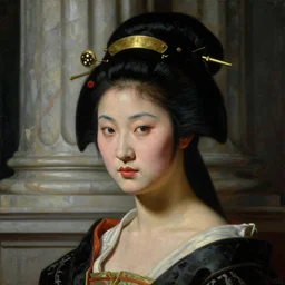 a baroque neoclassicist close - up portrait of a retrofuturistic geisha assassin head and shoulders, large marble architecture in background. renaissance portrait painting. highly detailed science fiction painting by norman rockwell, frank frazetta, and syd mead. rich colors, high contrast, gloomy atmosphere, dark background. trending on artstation