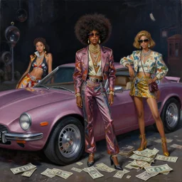 afro - futurist hustlers, lavish lifestyle and money, expensive cars, fashionable, jacking the metaverse | hyperrealistic oil painting | by makoto shinkai, ilya kuvshinov, lois van baarle, rossdraws | afrofuturism, in the style of boondocks, trending on artstation | dark color scheme