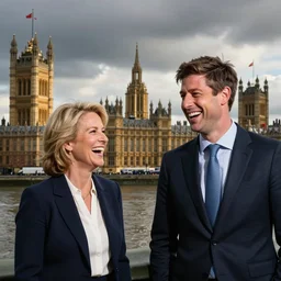 Liz truss and Rishi sunak at parliament laughing with the devil. A demon joined the conservatives in parliament. Daily Telegraph.