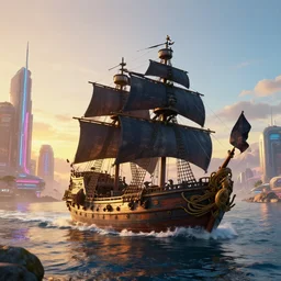 a pirate ship sails along the coast of a futuristic neon sci - fi city at golden hour, volumetric lighting ultra realistic 8 k detail