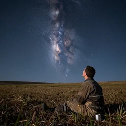 man working in the field taking a break and looking at the quasar in the sky