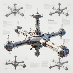 futuristic space station, detailed blueprint and schematic with text and illustrated zoomed - in snippets, 8 k octane render 3 d unreal engine glorious intricate detailed superb, pristine clean design, center frame, desaturated, concept art, with highly detailed blueprints and text, marker concept art style rendering, hints of neon and chrome