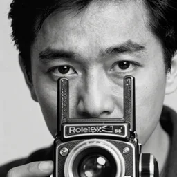 photo of Leslie Cheung Kwok Wing by Diane Arbus, extreme closeup, black and white, high contrast, Rolleiflex, 55mm f/4 lens
