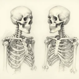 pencil sketch with erratic strokes of two partial and subtle skeletons next to each other by finlay patrick duffill