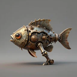 2d game art side view of mechanical steampunk angler fish, full body view, looking from the side, game character design, articulated joints, detailed, blank background, 8k, octane render, unreal engine