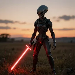 detailed alien standing in field, with red lightsaber, gloomy nemobo at sunset