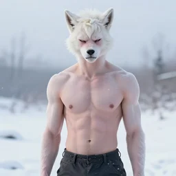 beautiful aesthetic portrait commission of a shirtless (with pants) albino male furry anthro grimacing in the cold , detailed face , hyperdetailed,  snowy winter atmosphere. Character design by charlie bowater, ross tran, artgerm, and makoto shinkai, detailed, inked, western comic book art, 2022 award winning painting