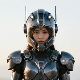 centered medium shot fine studio photograph of a beautiful persian girl wearing only a mecha electronic Baybilonian helmet with bright lights, ultra-realistic, white background, 8k HDR sunset lit, intricate