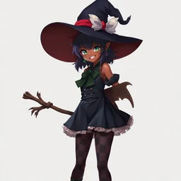 smug young witch, ebony, checked stockings, short dress, huge hat, full bodyshot, anime, fantasy, portrait, highly detailed, headshot, digital painting, trending on artstation, concept art by miaormoa